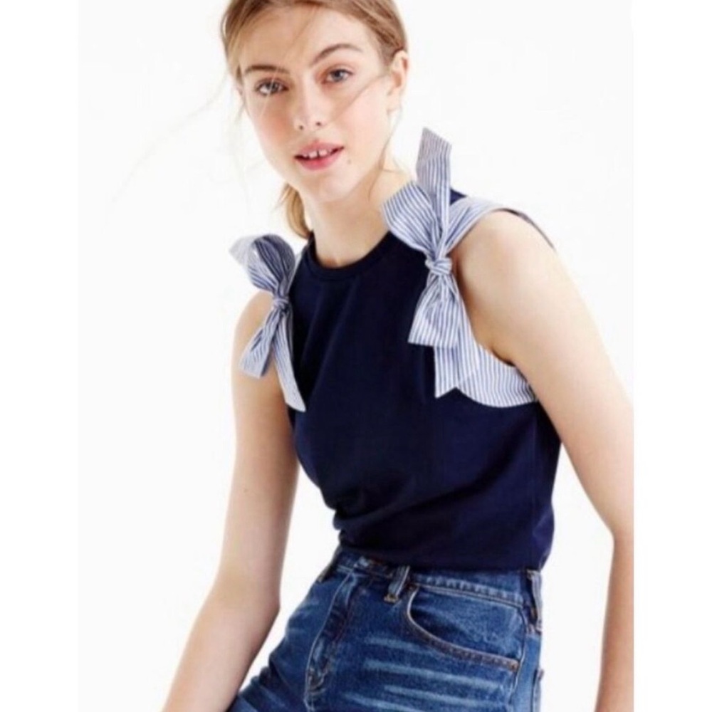 J. Crew Navy Tank Top with Striped Bow Shoulder Ties